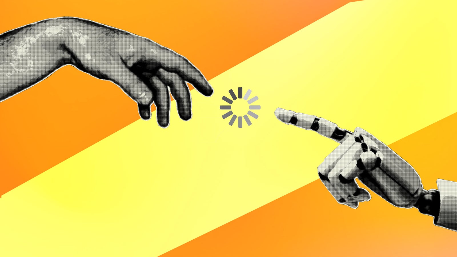 Human hand reaching towards robotic hand against orange gradient background with loading symbol