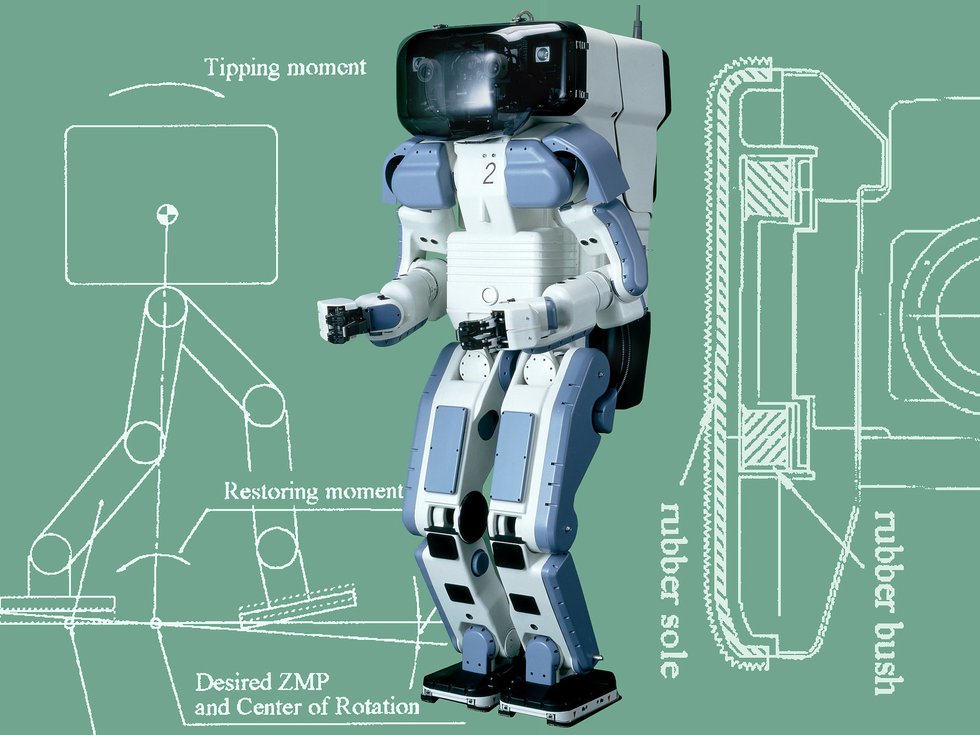 Collage of Honda P2 humanoid robot from 1996 against technical specifications background