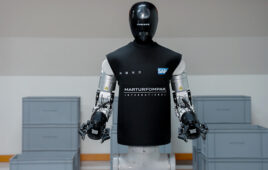 A humanoid robot in a warehouse