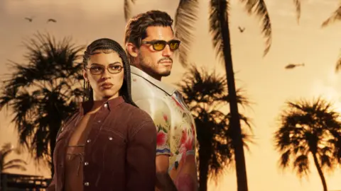 GTA 6 characters Lucia and Jason standing back-to-back against a Vice City sunset